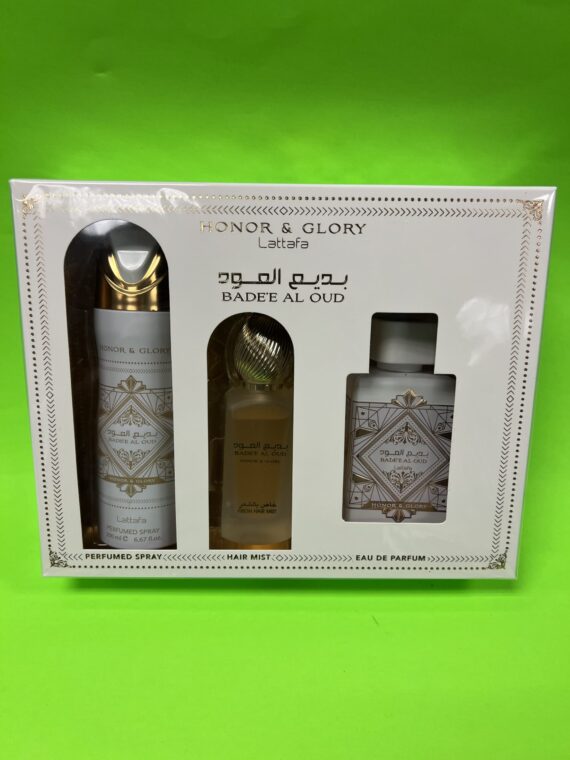 LATTAFA  BADEE AL OUD HONOR & GLORY 3 PCS GIFT SET WITH 100ML EDP + 200ML DEO + 50ML HAIRMIST